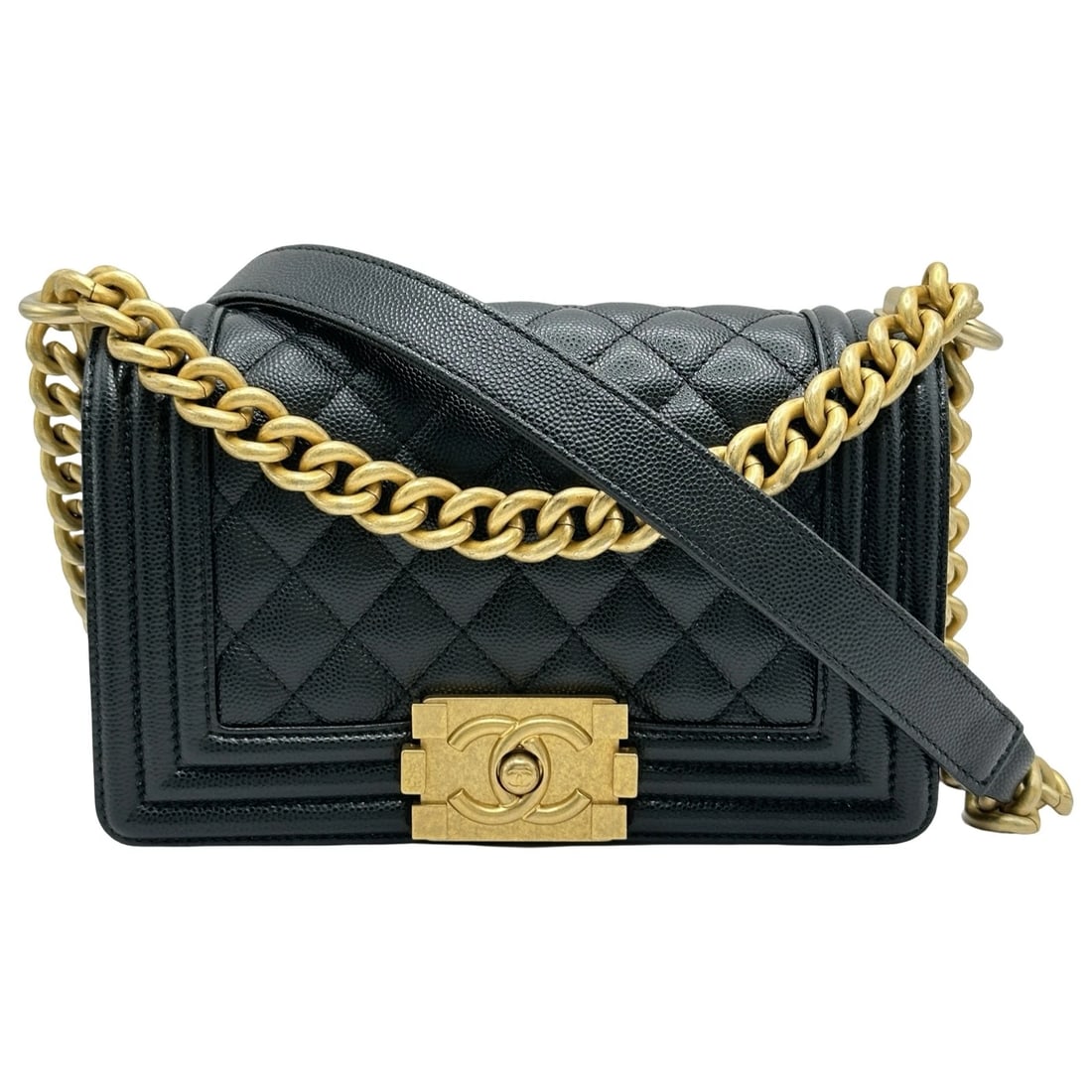 CHANEL BOY 20 SHOULDER BAG: CHANEL boy 20 Shoulder Bag Brand: CHANEL Type/Style: Shoulder Bag Material: Caviar skin Color: Black Gold Hardware Size: W7.9 x H4.7x D2.8inch Accessories: None Accessories Notice: When purchasing