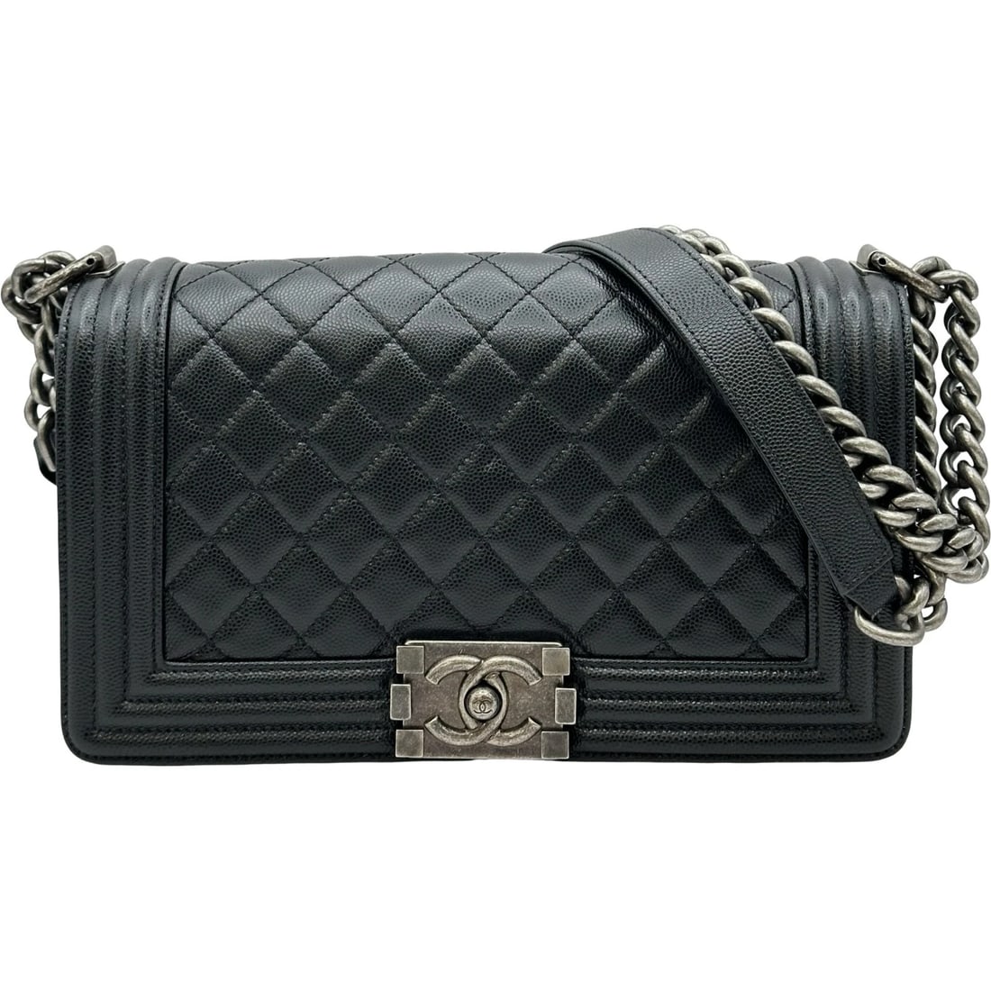 CHANEL BOY 25 SHOULDER BAG: CHANEL Boy 25 Shoulder Bag Brand: CHANEL Type/Style: Shoulder Bag Material: caviar Color: Black SilverHardware Size: W9.8 x H5.7x D2.4inch Accessories: None Accessories Notice: When purchasing