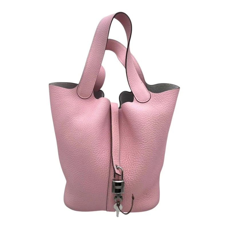 HERMES PICO TAN LOCK MM HANDBAG: HERMES Pico Tan Lock MM Handbag Brand: HERMES Type/Style: Handbag Material: Taurillon Clemence Color: Rose Sakura SVHardware Size: W8.7 x H8.3x D6.7inch Accessories: None Accessories Notice: When