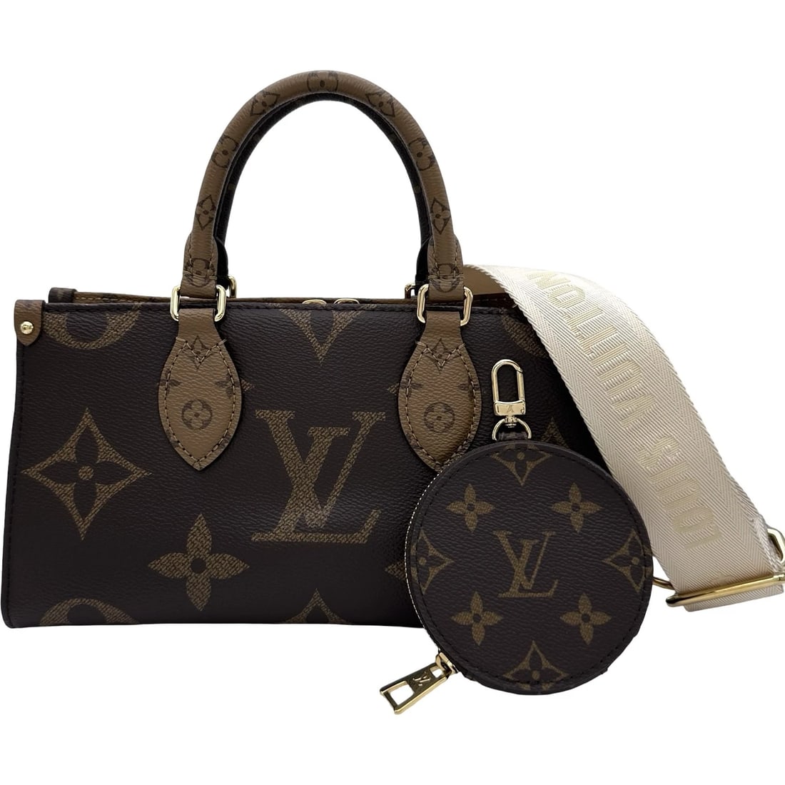 LOUIS VUITTON ON THE GO EW SHOULDER BAG: LOUIS VUITTON On the Go EW Shoulder Bag Brand: LOUIS VUITTON Type/Style: Shoulder Bag Material: Monogram reverse Color: Brown Size: W10.4 x H5.1x D3.9inch Accessories: None Accessories Notice: When