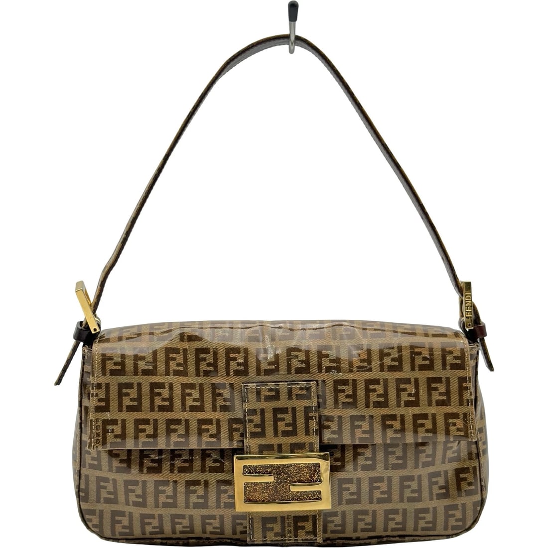 FENDI ZUCCHINO MAMMA BAGUETTE HANDBAG: FENDI Zucchino Mamma Baguette Handbag Brand: FENDI Type/Style: Handbag Material: enamel Color: Beige Gold Hardware Size: W10.2 x H5.3x D1.6inch Accessories: None Accessories Notice: When purchasing