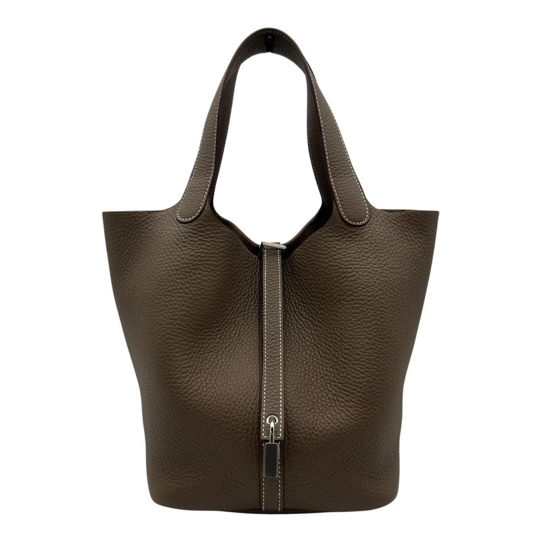 HERMES PICO TAN LOCK MM HANDBAG: HERMES Pico Tan Lock MM Handbag Brand: HERMES Type/Style: Handbag Material: Taurillon Clemence Color: Etop SilverHardware Size: W6.7 x H8.7x D8.7inch Accessories: None Accessories Notice: When