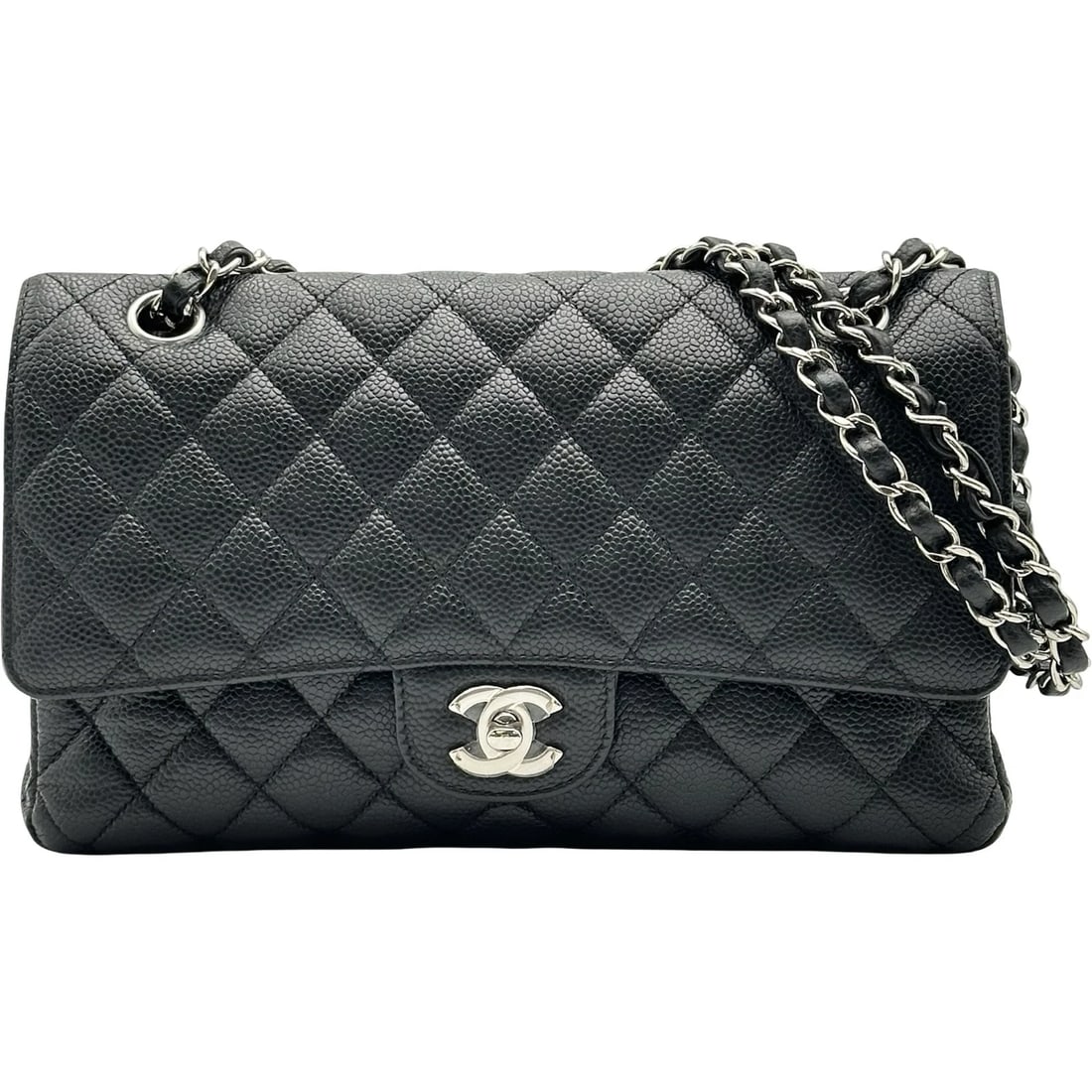 CHANEL MATRASSE 25 SHOULDER BAG: CHANEL Matrasse 25 Shoulder Bag Brand: CHANEL Type/Style: Shoulder Bag Material: Caviar skin Color: Black SilverHardware Size: W9.8 x H6.3x D2.4inch Accessories: None Accessories Notice: W