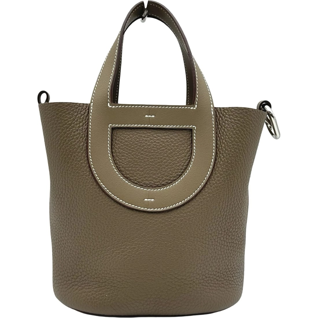 HERMES IN THE LOOP 18 HANDBAG: HERMES in the loop 18 Handbag Brand: HERMES Type/Style: Handbag Material: Taurillon Clemence / Swift Color: Etoupe Silver Hardware Size: W7.1 x H7.7x D4.7inch Accessories: None Accessories