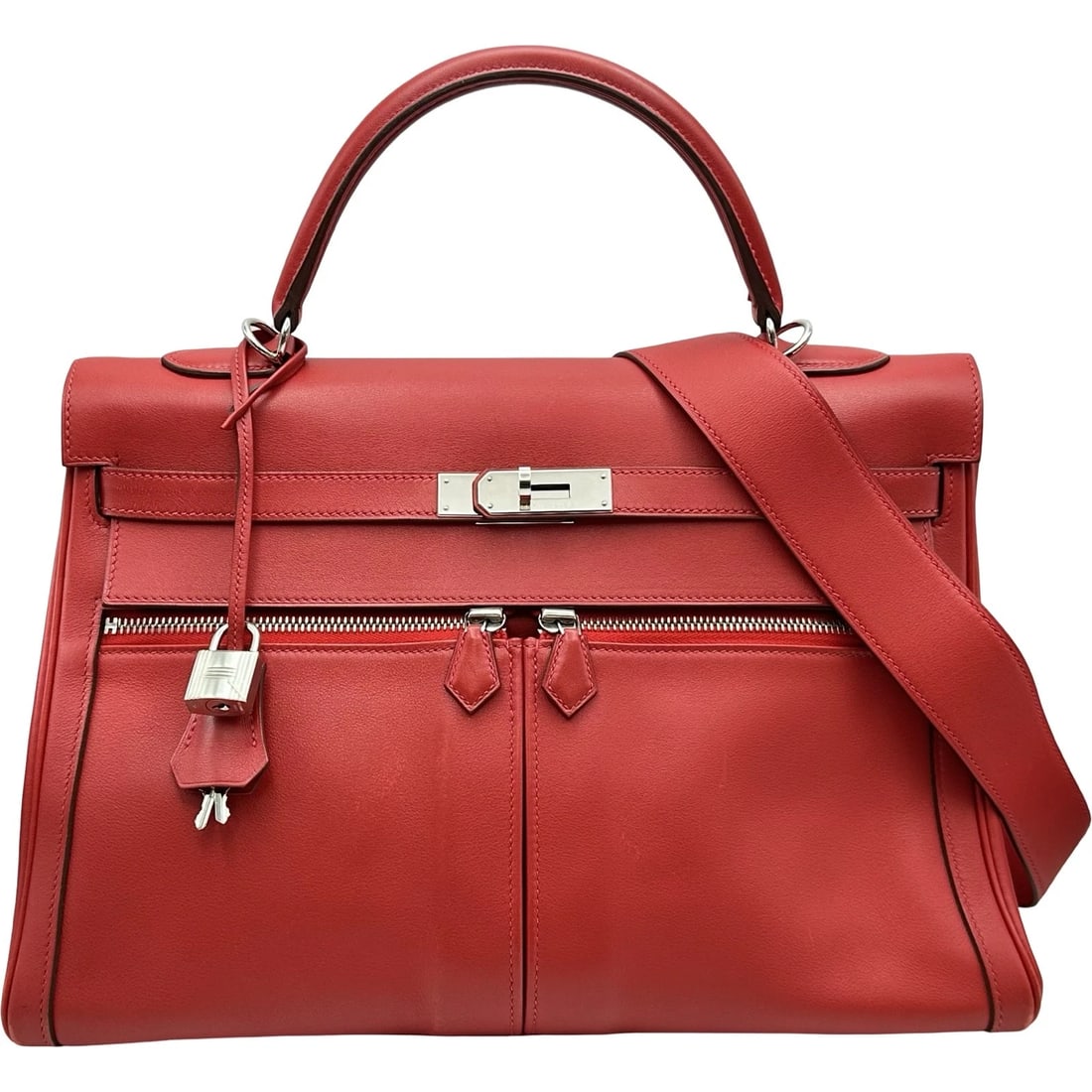 HERMES KELLY RAKI 35 SHOULDER BAG: HERMES kelly raki 35 Shoulder Bag Brand: HERMES Type/Style: Shoulder Bag Material: Swift Color: Vermilion SilverHardware Size: W13.8 x H9.1x D5.5inch Accessories: None Accessories Notice: