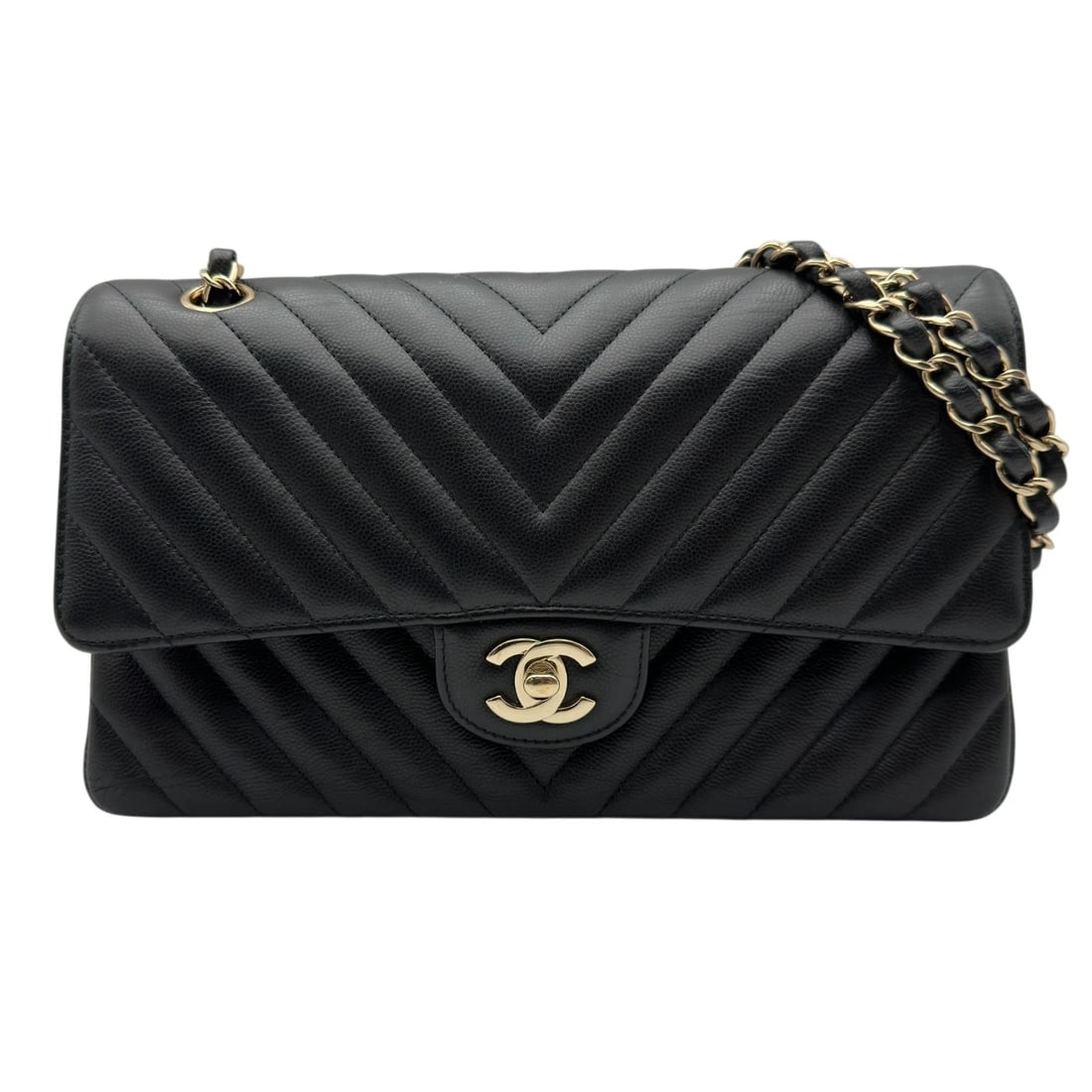 CHANEL MATELASSE 25 V-STITCH 31SHOULDER BAG: CHANEL Matelasse 25 V-stitch 31Shoulder Bag Brand: CHANEL Type/Style: Shoulder Bag Material: Caviar skin Color: Black Gold Hardware Size: W9.8 x H5.9x D2.4inch Accessories: None Accessorie