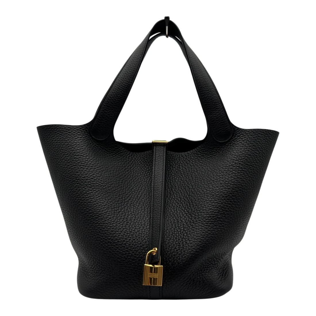 HERMES PICO TAN LOCK MM HANDBAG: HERMES Pico Tan Lock MM Handbag Brand: HERMES Type/Style: Handbag Material: Taurillon Clemence Color: Black Gold Hardware Size: W6.7 x H8.7x D8.7inch Accessories: None Accessories Notice: When