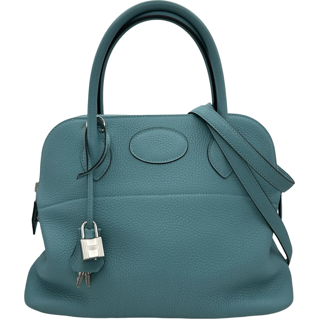 HERMES BORED 31 HANDBAG: HERMES Bored 31 Handbag Brand: HERMES Type/Style: Handbag Material: Taurillon Clemence Color: Blue Atoll SilverHardware Size: W12.2 x H9.4x D4.9inch Accessories: None Accessories Notice: W