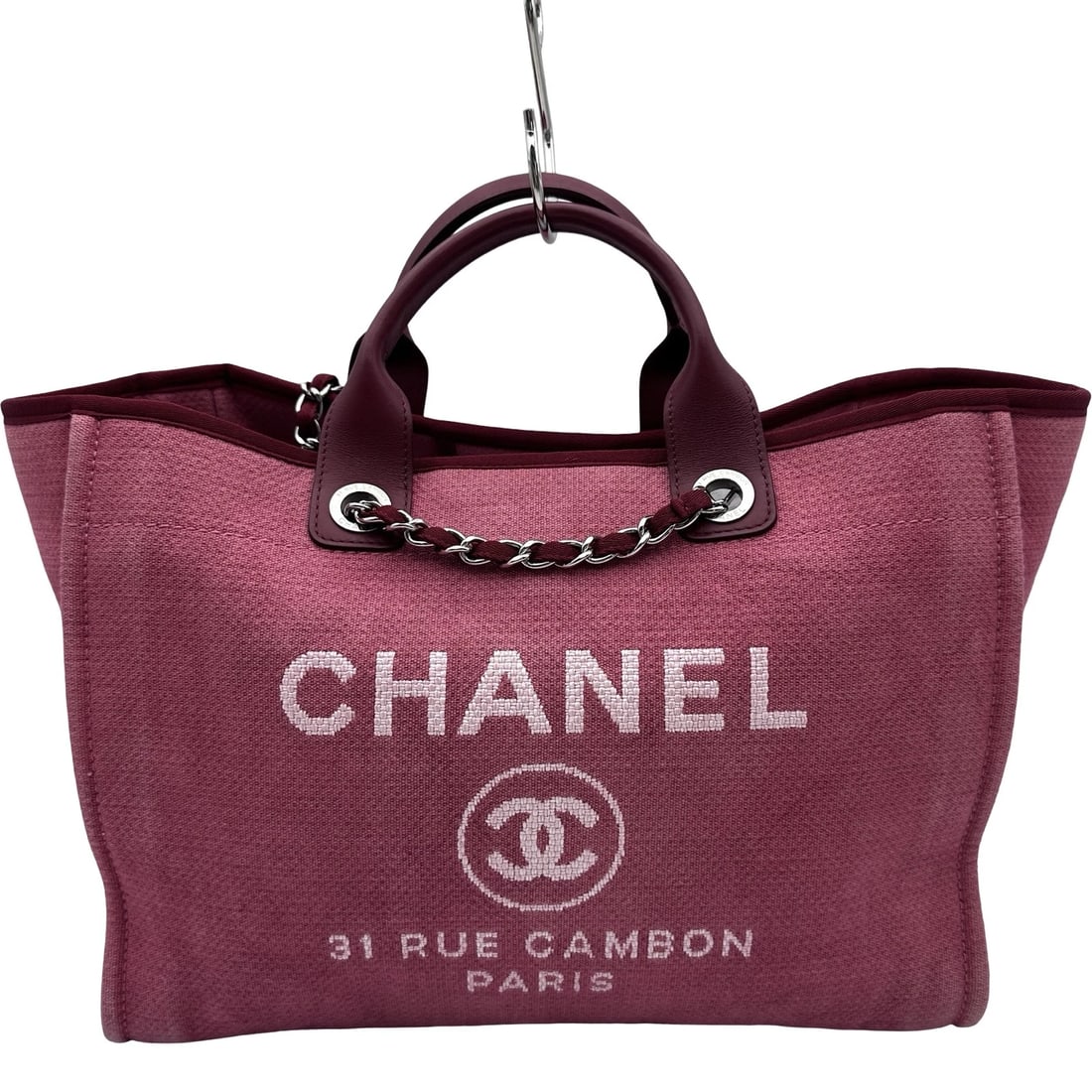 CHANEL DEAUVILLE GM HANDBAG: CHANEL Deauville GM Handbag Brand: CHANEL Type/Style: Handbag Material: canvas Color: Pink SilverHardware Size: W15.0 x H11.4x D7.5inch Accessories: None Accessories Notice: When purchasin
