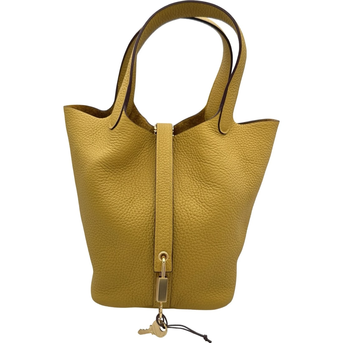 HERMES PICOTAN LOCK PM HANDBAG: HERMES Picotan Lock PM Handbag Brand: HERMES Type/Style: Handbag Material: Taurillon Clemence Color: Jones Amble Gold Hardware Size: W7.1 x H7.1x D5.3inch Accessories: None Accessories Not