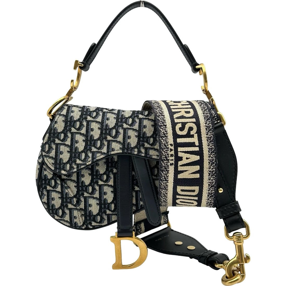 CHRISTIAN DIOR MINI SADDLE BAG SHOULDER BAG: Christian Dior Mini saddle bag Shoulder Bag Brand: Christian Dior Type/Style: Shoulder Bag Material: campus Color: Navy Gold Hardware Size: W7.1 x H5.7x D1.4inch Accessories: None Accessories Notice: