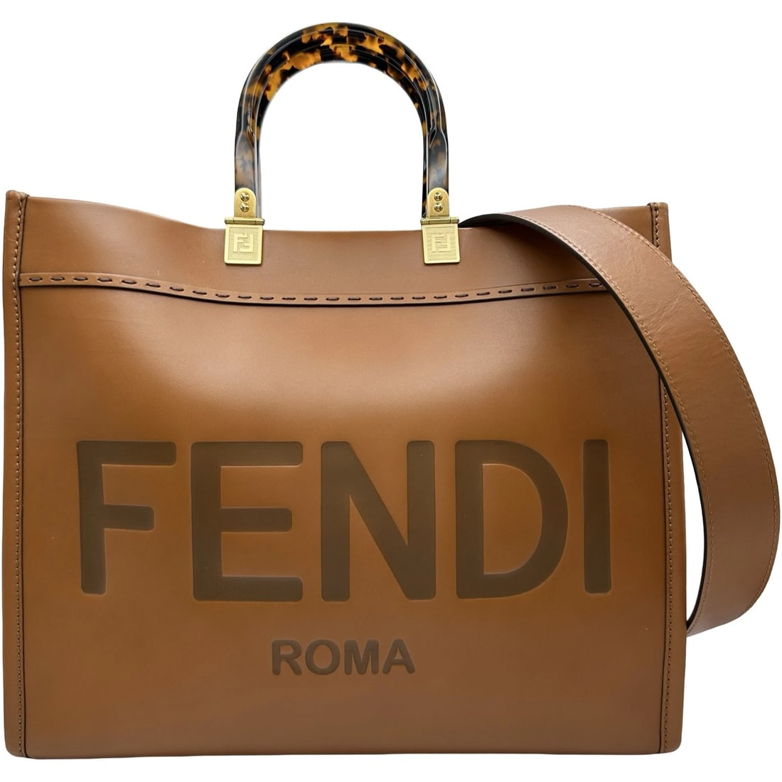 FENDI SUNSHINE TOTE BAG: FENDI Sunshine Tote Bag Brand: FENDI Type/Style: Tote Bag Material: Calf leather Color: Brown Size: W13.8 x H12.2x D6.7inch Accessories: None Accessories Notice: When purchasing pre-owned goods,