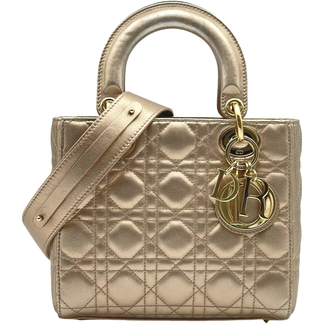 CHRISTIAN DIOR LADY DIOR SMALL HANDBAG: Christian Dior lady dior small Handbag Brand: Christian Dior Type/Style: Handbag Material: cannagerum Color: Bronze GoldHardware Size: W7.9 x H6.7x D3.1inch Accessories: None Accessories Notice: When
