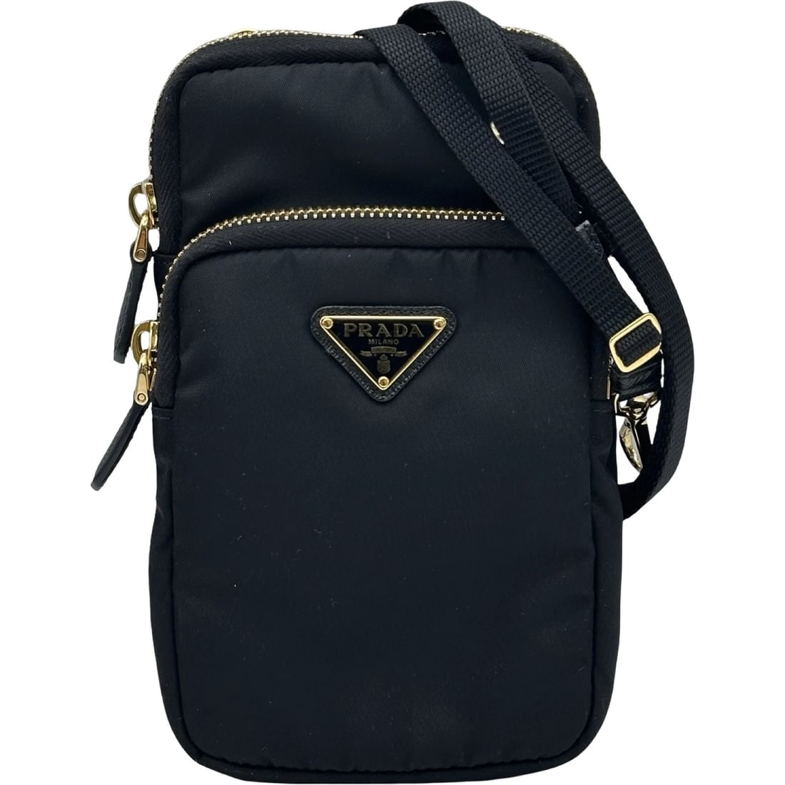 PRADA TRIANGLE LOGO PHONE SHOULDER BAG: PRADA Triangle Logo Phone Shoulder Bag Brand: PRADA Type/Style: Shoulder Bag Material: Nylon Color: Black Gold Hardware Size: W3.9 x H6.7x D0.6inch Accessories: None Accessories Notice: When