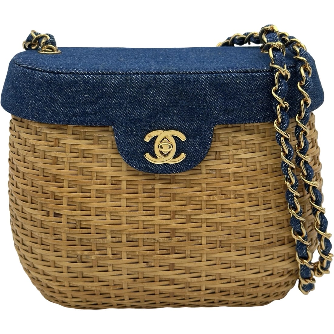 CHANEL COCO MARK BASKET BAG SHOULDER BAG: CHANEL COCO Mark Basket Bag Shoulder Bag Brand: CHANEL Type/Style: Shoulder Bag Material: Straw / denim Color: Blue Gold Hardware Size: W7.1 x H6.9x D3.3inch Accessories: None Accessories Notice: