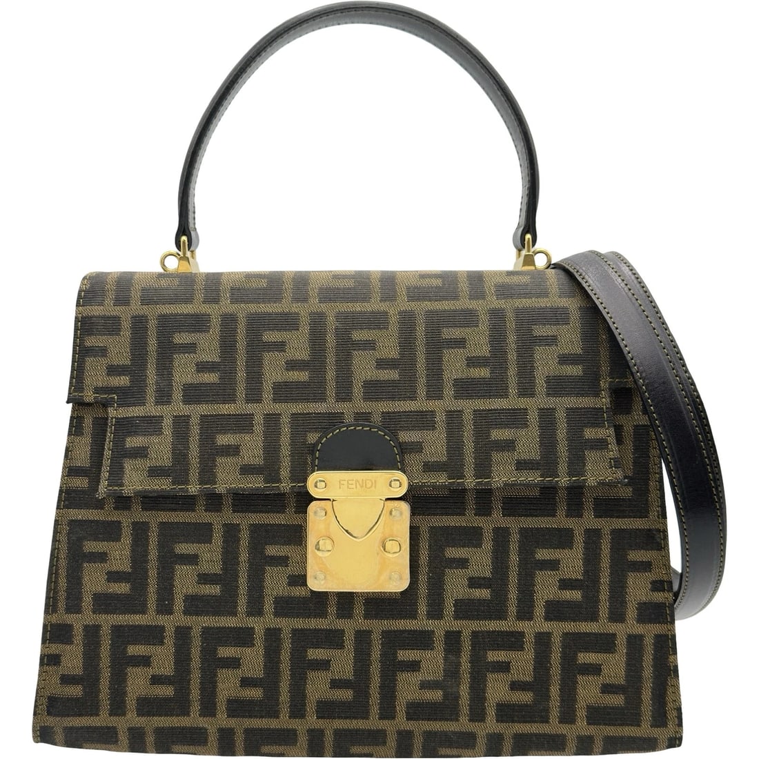FENDI ZUCCA PATTERN 2-WAY HANDBAG HANDBAG: FENDI Zucca Pattern 2-Way Handbag Handbag Brand: FENDI Type/Style: Handbag Material: canvas Color: Brown Gold Hardware Size: W11.4 x H8.7x D3.5inch Accessories: None Accessories Notice: When