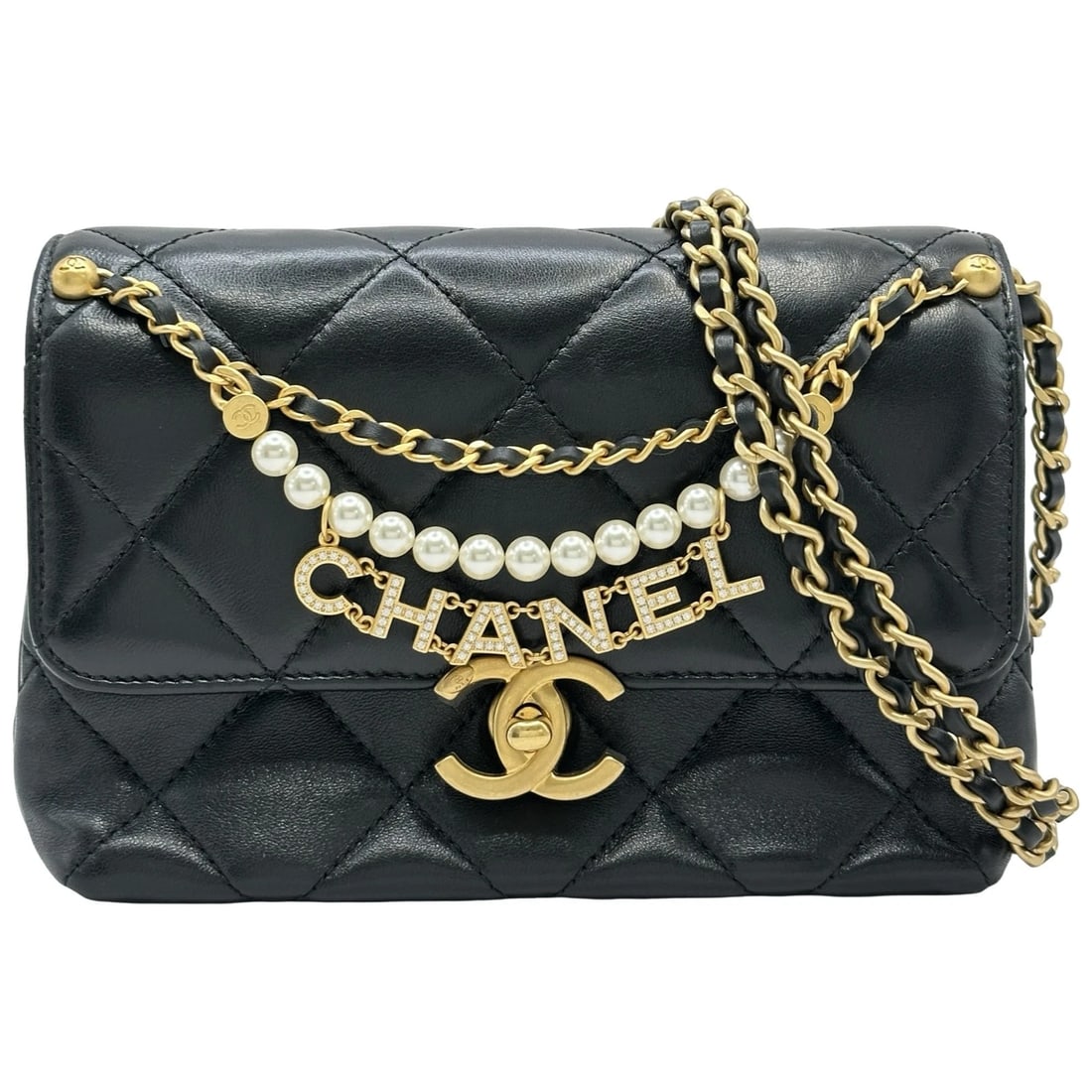 CHANEL MATELASSE LOGO CHAIN SHOULDER BAG: CHANEL Matelasse Logo Chain Shoulder Bag Brand: CHANEL Type/Style: Shoulder Bag Material: lambskin Color: Black Gold Hardware Size: W7.9 x H5.1x D3.0inch Accessories: None Accessories Notice: When
