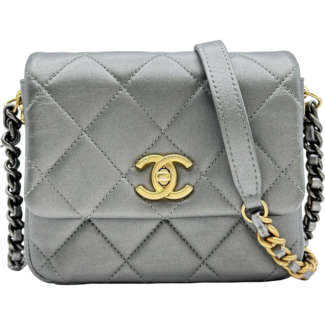 CHANEL MINI FLAP CHAINSHOULDER BAG: CHANEL Mini Flap ChainShoulder Bag Brand: CHANEL Type/Style: Shoulder Bag Material: lambskin Color: Gold / SilverHardware Size: W6.7 x H5.5x D2.4inch Accessories: None Accessories Notice: