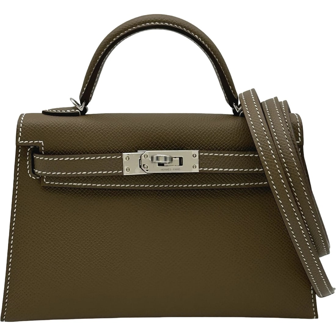 HERMES MINI KELLY 2 SHOULDER BAG: HERMES Mini Kelly 2 Shoulder Bag Brand: HERMES Type/Style: Shoulder Bag Material: Epsom Color: Etop SilverHardware Size: W7.5 x H4.7x D2.2inch Accessories: None Accessories Notice: When purchasing