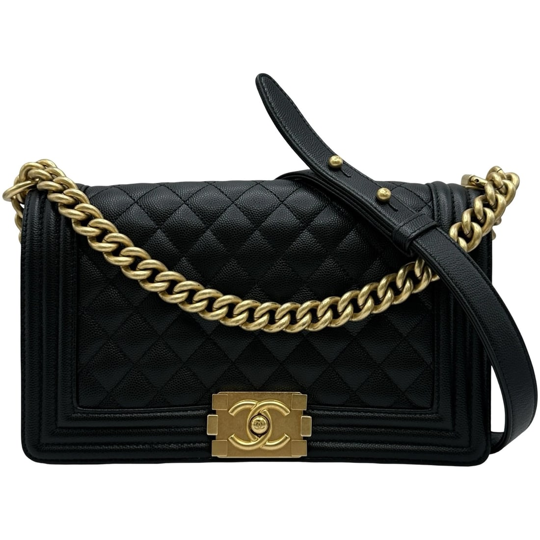 CHANEL BOY SHOULDER BAG: CHANEL Boy Shoulder Bag Brand: CHANEL Type/Style: Shoulder Bag Material: Caviar skin Color: Gold Hardware Size: W9.8 x H5.7x D2.8inch Accessories: None Accessories Notice: When purchasing pre-owned
