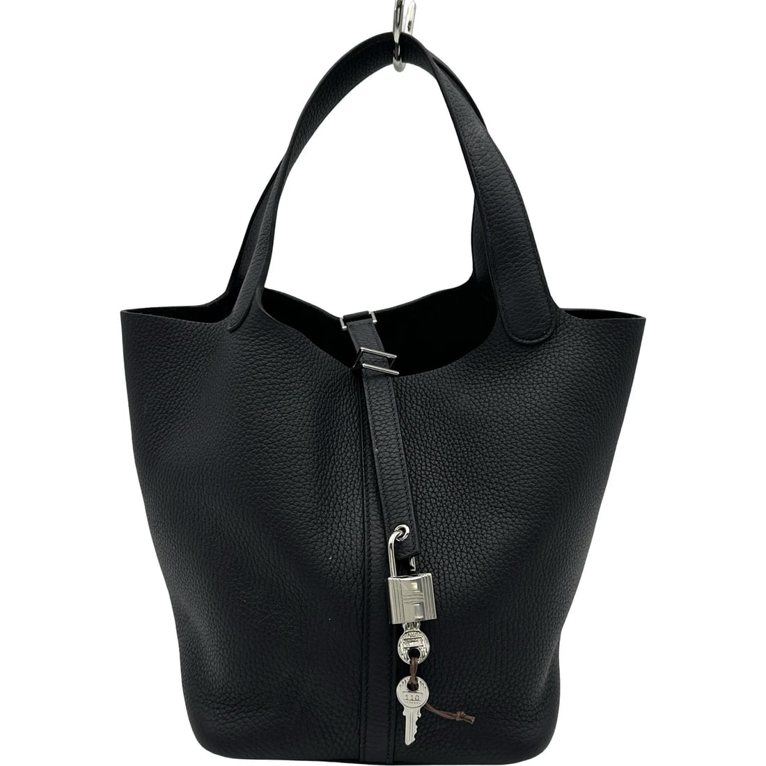 HERMES PICO TAN LOCK MM HANDBAG: HERMES Pico Tan Lock MM Handbag Brand: HERMES Type/Style: Handbag Material: Taurillon Clemence Color: Blue Indigo SilverHardware Size: W8.7 x H8.7x D6.7inch Accessories: None Accessories Notice: When