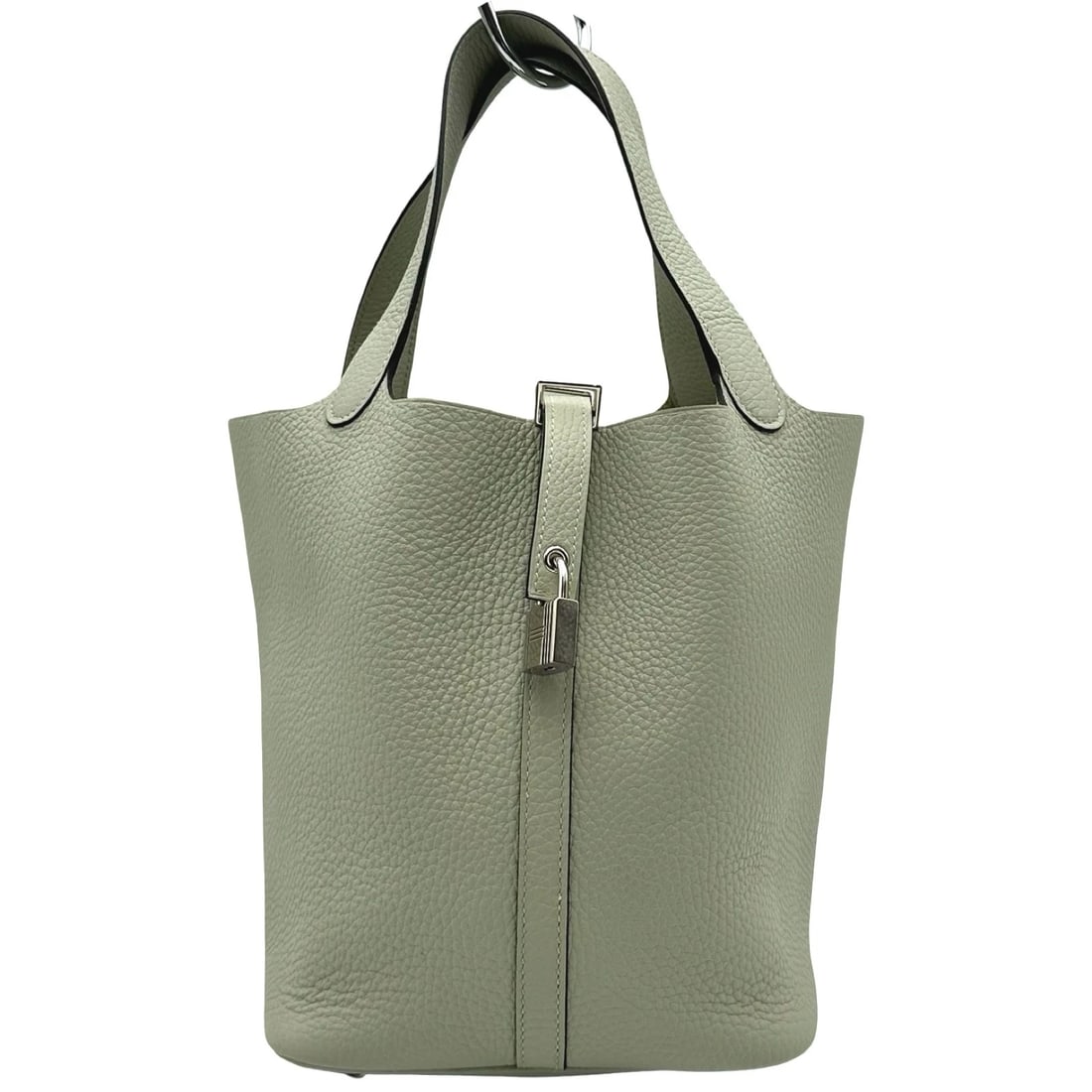 HERMES PICO TAN LOCK MM HANDBAG: HERMES Pico Tan Lock MM Handbag Brand: HERMES Type/Style: Handbag Material: Taurillon Clemence Color: Greeneve SilverHardware Size: W8.7 x H8.5x D7.1inch Accessories: None Accessories Notice: When