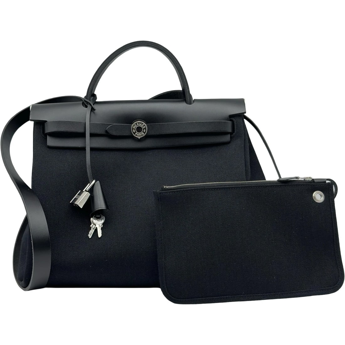 HERMES HERBAG ZIP PM HANDBAG: HERMES Herbag Zip PM Handbag Brand: HERMES Type/Style: Handbag Material: Toile/Hunter Color: Black SilverHardware Size: W11.8 x H9.8x D3.9inch Accessories: None Accessories Notice: When purchasing