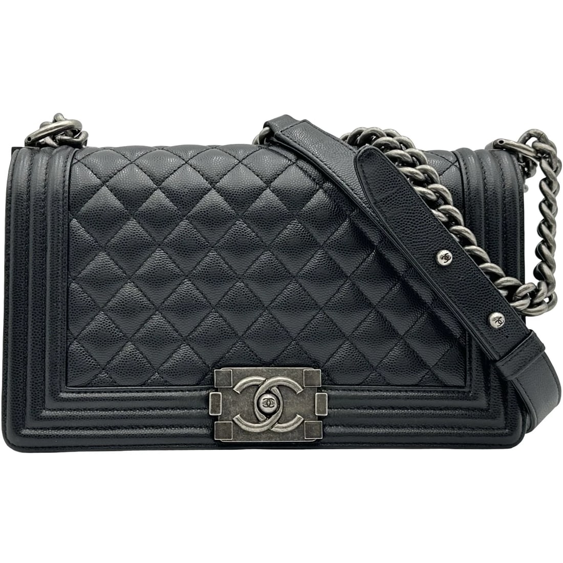 CHANEL BOY CHANEL 25 SHOULDER BAG: CHANEL Boy Chanel 25 Shoulder Bag Brand: CHANEL Type/Style: Shoulder Bag Material: Caviar skin Color: black Size: W9.8 x H5.9x D2.8inch Accessories: None Accessories Notice: When purchasing pre-owned