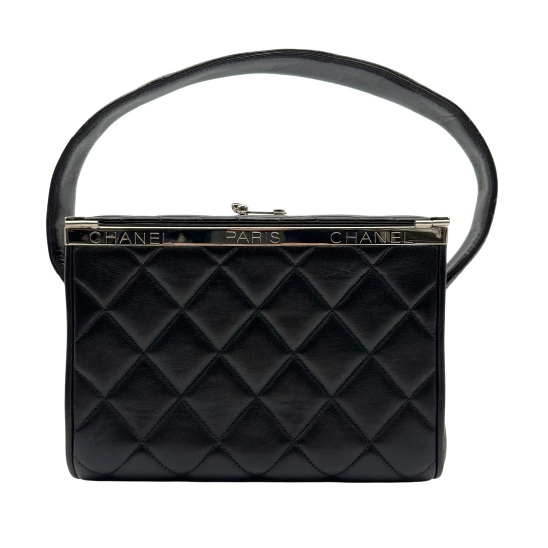 CHANEL MATELASSE VANITY CASE HANDBAG: CHANEL Matelasse Vanity Case Handbag Brand: CHANEL Type/Style: Handbag Material: lambskin Color: Black SilverHardware Size: W7.5 x H5.5x D3.9inch Accessories: None Accessories Notice: When purchasing