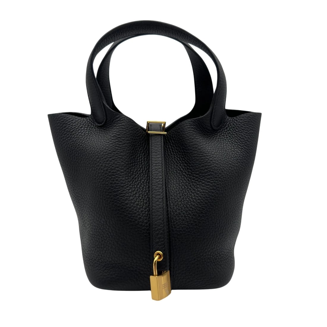 HERMES PICOTAN LOCK PM HANDBAG: HERMES Picotan Lock PM Handbag Brand: HERMES Type/Style: Handbag Material: Taurillon Clemence Color: Black Gold Hardware Size: W9.3 x H7.5x D5.1inch Accessories: None Accessories Notice: When