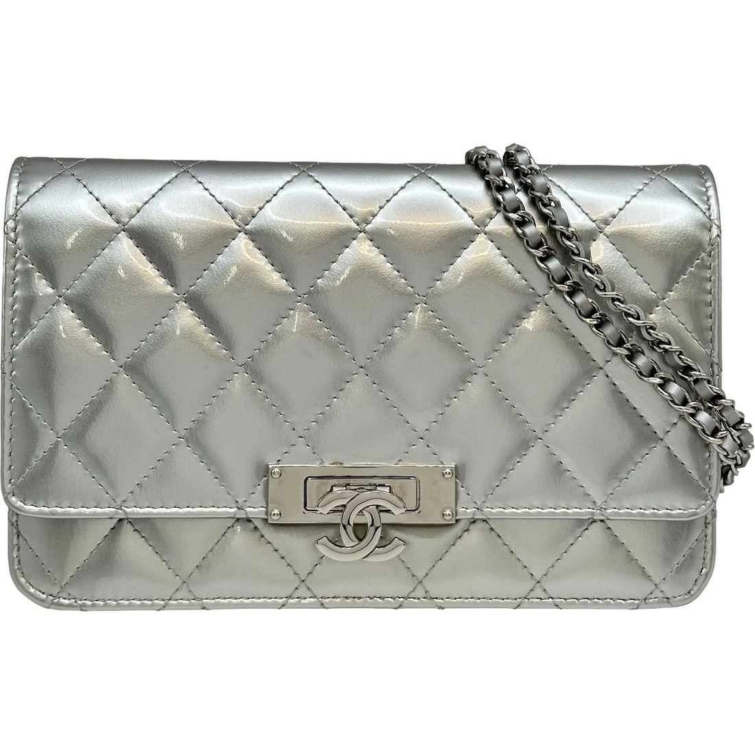 CHANEL COCO LOCK CHAIN WALLET: CHANEL Coco Lock Chain Wallet Brand: CHANEL Type/Style: Shoulder Bag Material: enamel Color: Silver SilverHardware Size: W7.5 x H4.7x D1.0inch Accessories: None Accessories Notice: When purchasing