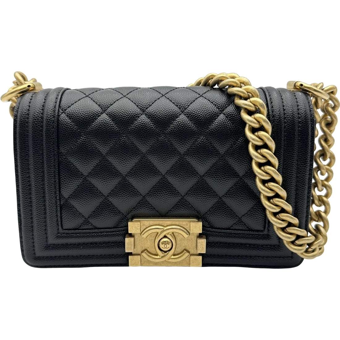 CHANEL BOY SHOULDER BAG: CHANEL boy Shoulder Bag Brand: CHANEL Type/Style: Shoulder Bag Material: Caviar skin Color: Black Gold Hardware Size: W7.9 x H4.7x D2.4inch Accessories: None Accessories Notice: When purchasing