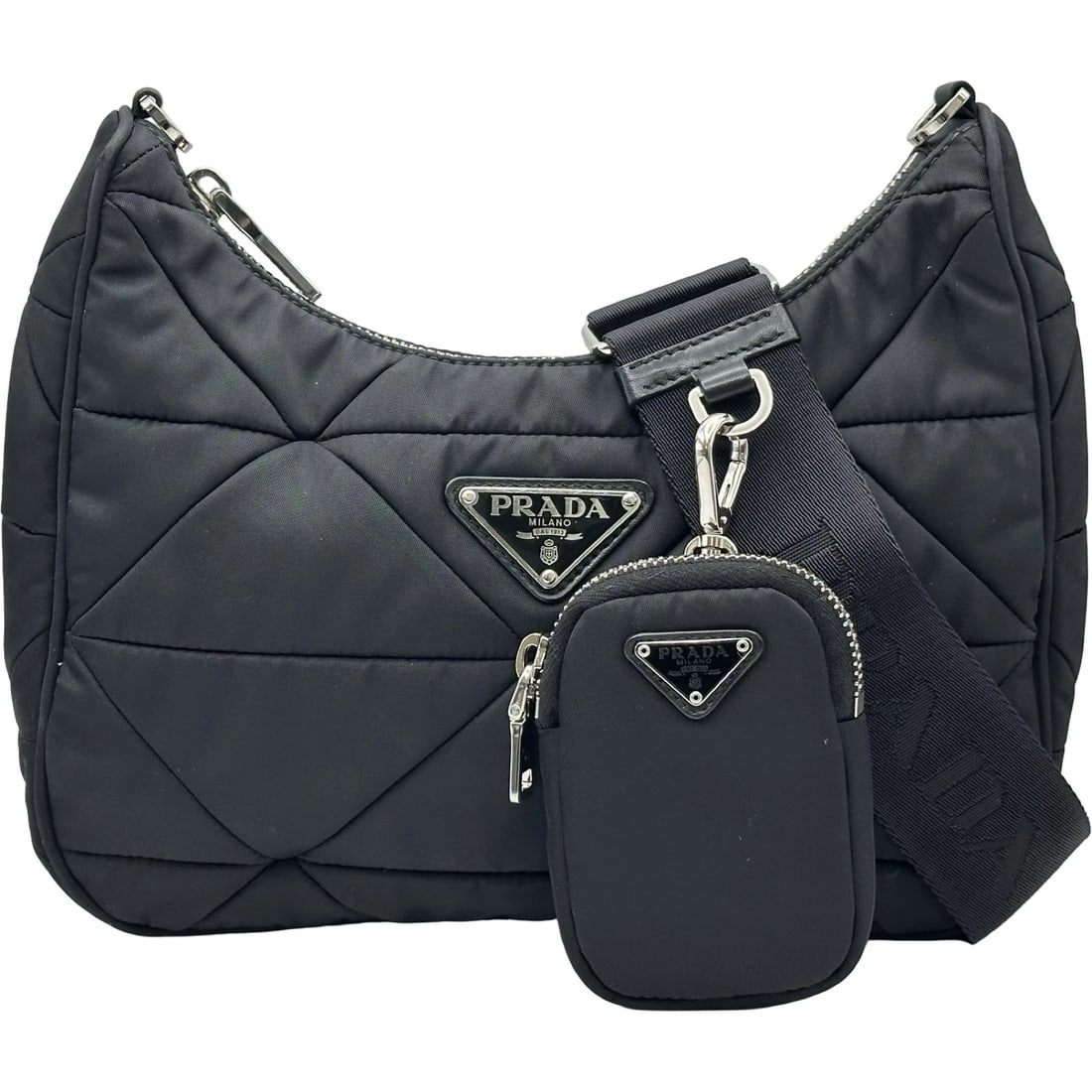 PRADA PADDED RE-NYLON SHOULDER BAG SHOULDER BAG: PRADA Padded Re-Nylon Shoulder Bag Shoulder Bag Brand: PRADA Type/Style: Shoulder Bag Material: Quilted leather Color: Black SilverHardware Size: W9.4 x H8.1x D2.8inch Accessories: None Ac