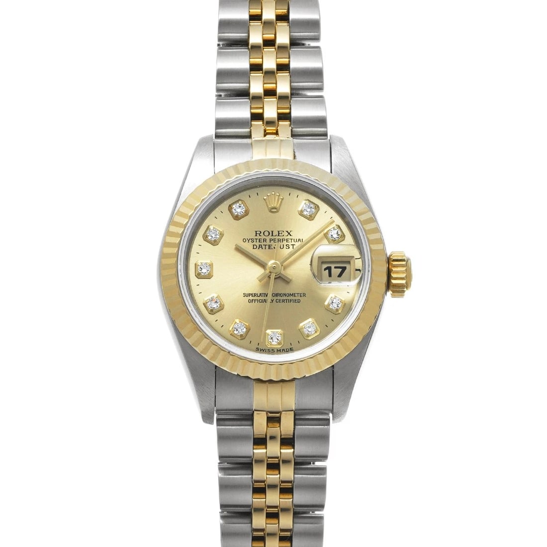 ROLEX DATEJUST 26 CHAMPAGNE/DIAMOND WATCH: ROLEX Datejust 26 Champagne/diamond Watch Brand: ROLEX Type/Style: Wristwatch Material: Band Material Stainless steel/Yellow Gold, Case Material Stainless steel Color: Dial Color Champagne Size: Case