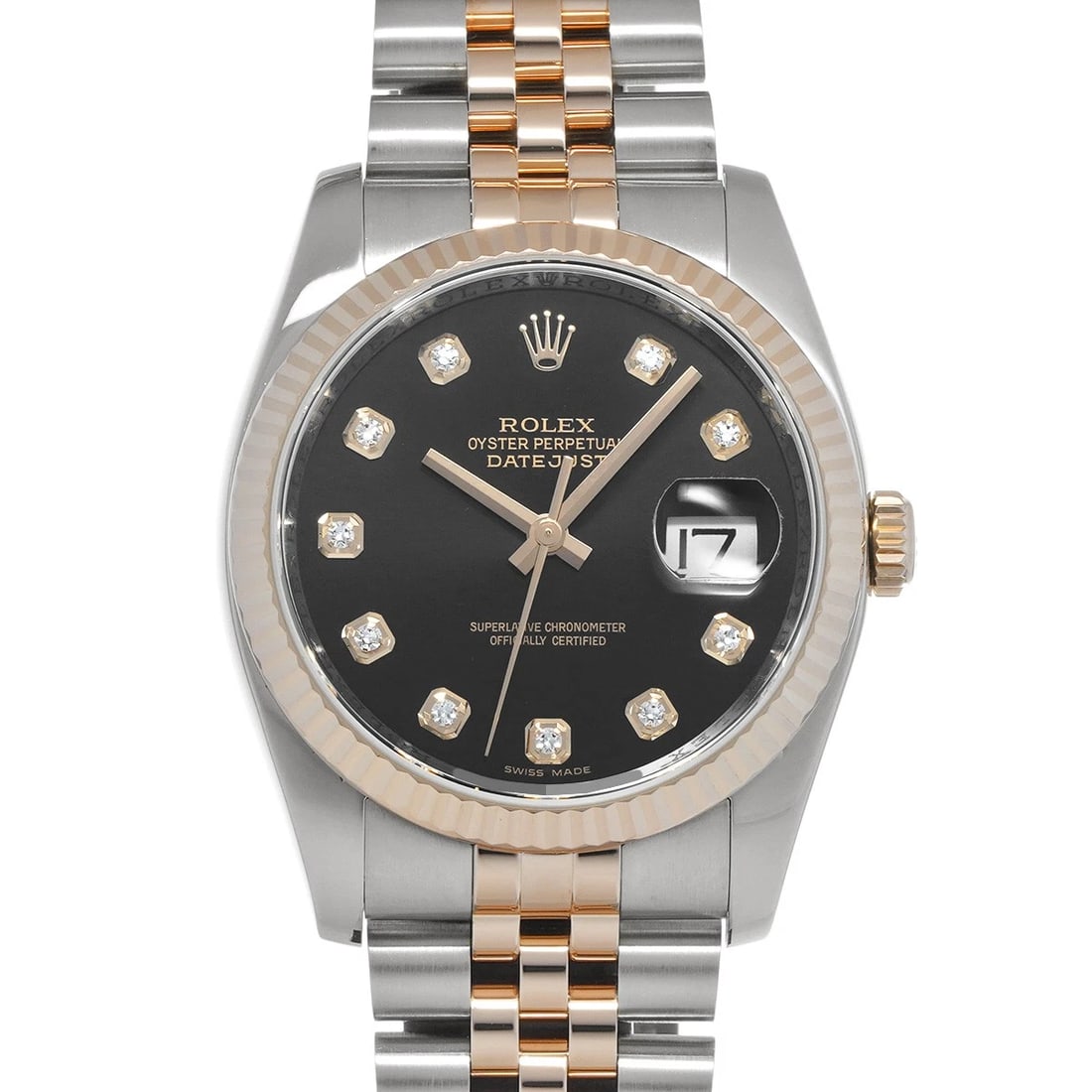 ROLEX DATEJUST BLACK/DIAMOND WATCH: ROLEX Datejust black/diamond Watch Brand: ROLEX Type/Style: Wristwatch Material: Band Material Stainless steel/Everrose gold, Case Material Stainless steel Color: Dial Color black Size: Case Size
