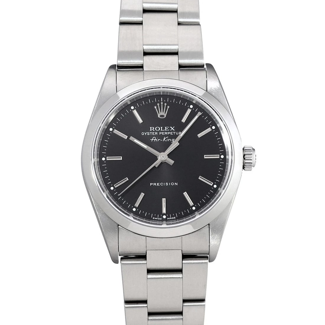 ROLEX AIR-KING BLACK WATCH: ROLEX Air-King black Watch Brand: Rolex Type/Style: Wristwatch Material: Band Material Stainless Steel, Case Material Stainless Steel Color: Dial Color Dial Color Blue Case Color Silver Band Color