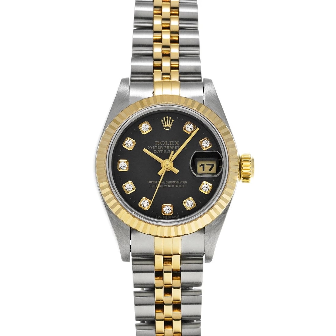 ROLEX DATEJUST BLACK/DIAMOND WATCH: ROLEX Datejust black/diamond Watch Brand: ROLEX Type/Style: Wristwatch Material: Band Material Stainless steel/Yellow Gold, Case Material Stainless steel Color: Dial Color black Size: Case Size