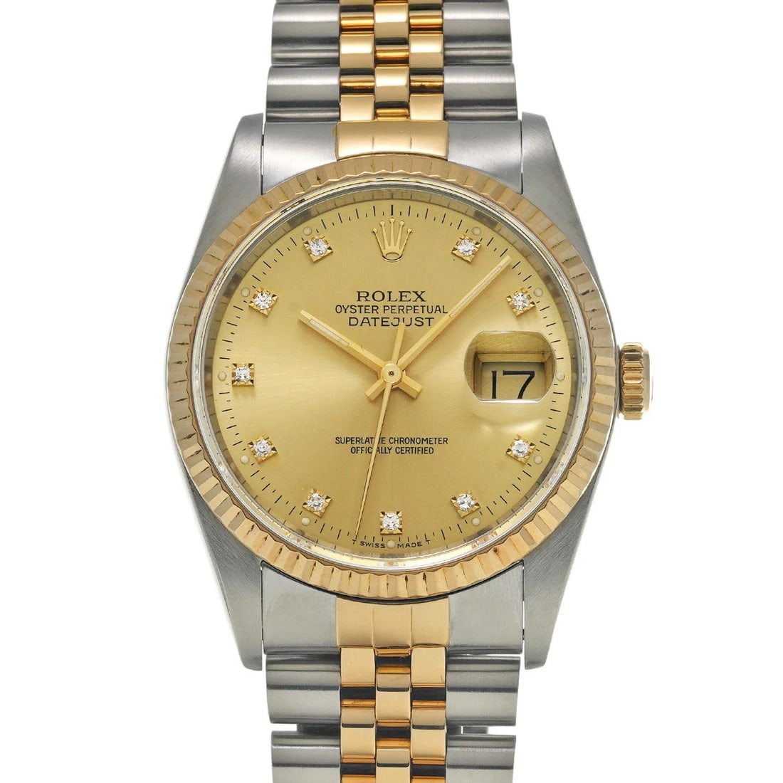 ROLEX DATEJUST 36 CHAMPAGNE/DIAMOND WATCH: ROLEX Datejust 36 Champagne/diamond Watch Brand: ROLEX Type/Style: Wristwatch Material: Band Material Stainless steel/Yellow Gold, Case Material Stainless steel Color: Dial Color Champagne Size: Case 