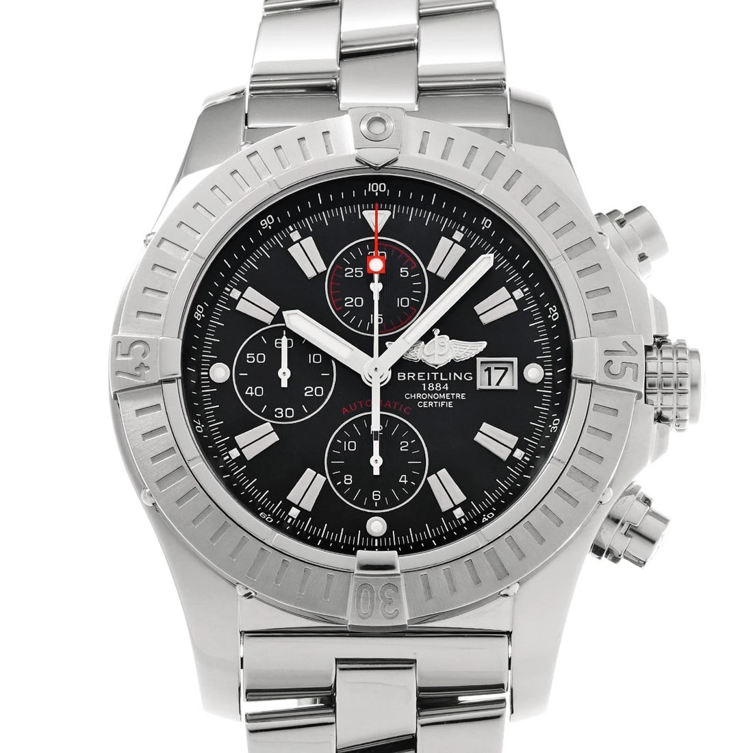 BREITLING SUPER AVENGER BLACK WATCH: BREITLING Super Avenger black Watch Brand: BREITLING Type/Style: Wristwatch Material: Band Material Stainless steel, Case Material Stainless steel Color: Dial Color black Size: Case Size H/about 48mm