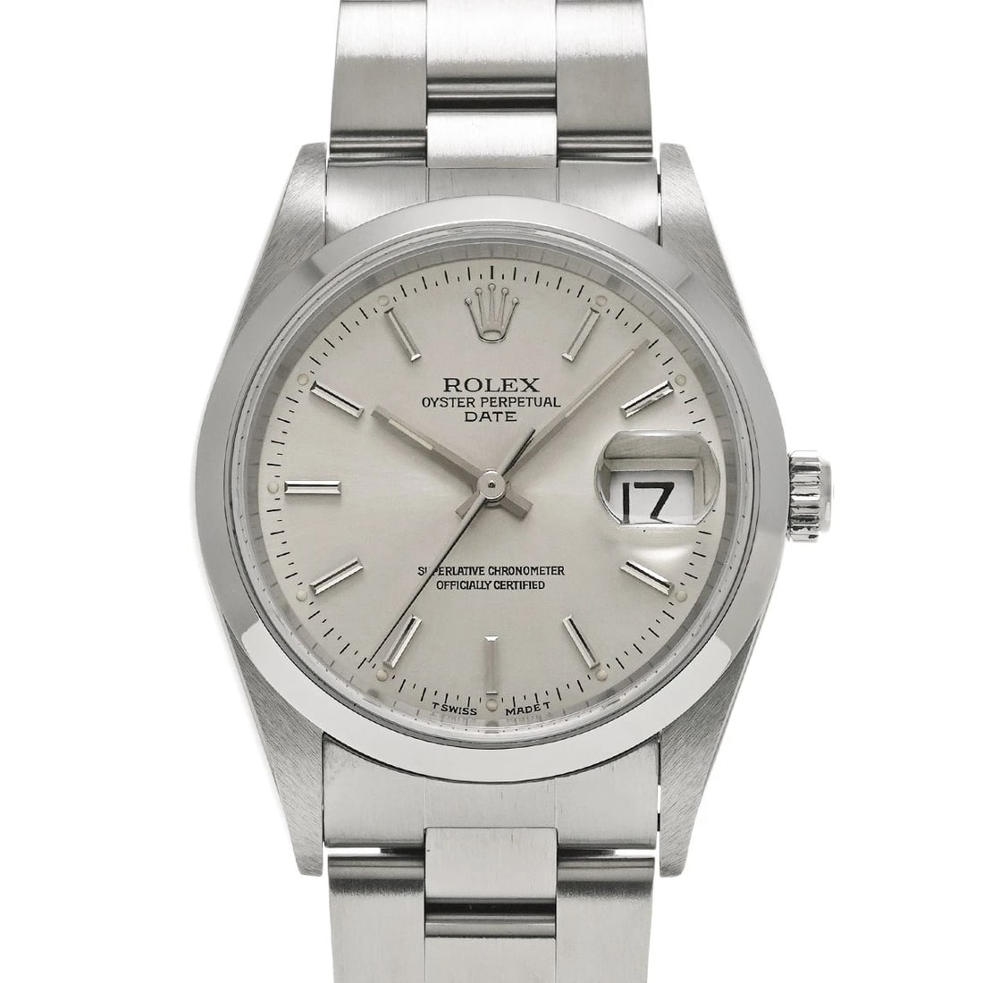 ROLEX OYSTER PERPETUAL DATE SILVER WATCH: ROLEX Oyster Perpetual Date Silver Watch Brand: ROLEX Type/Style: Wristwatch Material: Band Material Stainless steel, Case Material Stainless steel Color: Dial Color Silver Size: Case Size H/about