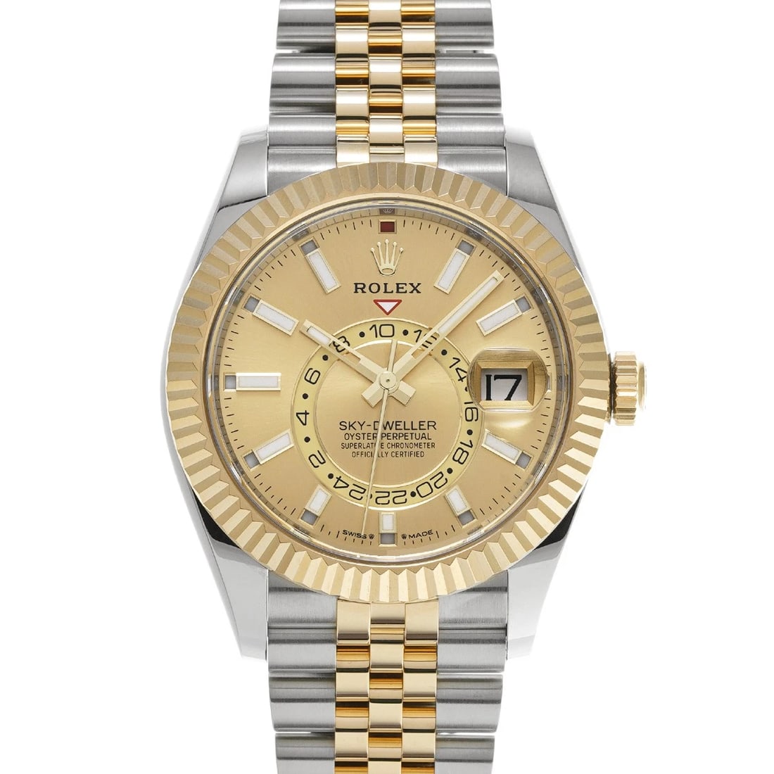 ROLEX SKY DWELLER CHAMPAGNE WATCH: ROLEX Sky Dweller Champagne Watch Brand: ROLEX Type/Style: Wristwatch Material: Band Material Stainless steel/Yellow Gold, Case Material Stainless steel Color: Dial Color Champagne Size: Case Size