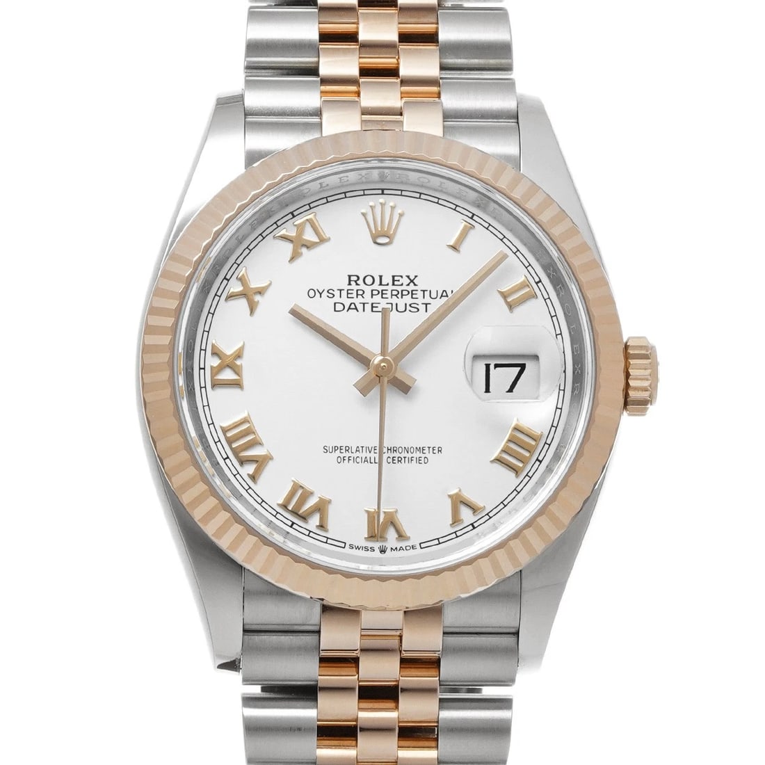 ROLEX DATEJUST 36 WHITE WATCH: ROLEX Datejust 36 white Watch Brand: ROLEX Type/Style: Wristwatch Material: Band Material Everrose gold/Stainless steel, Case Material Stainless steel Color: Dial Color white Size: Case Size H/about 3