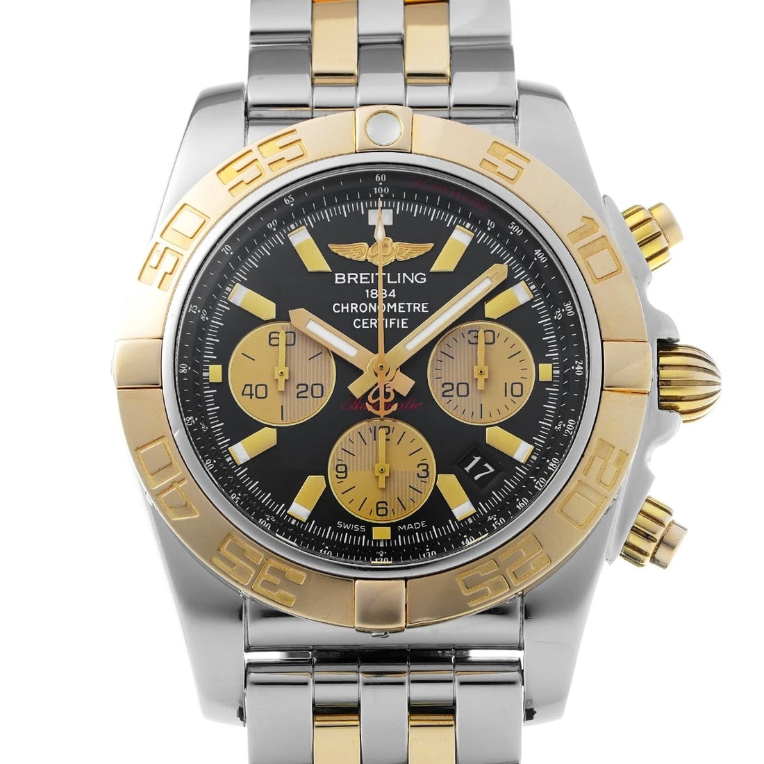 BREITLING CHRONOMAT 44 BLACK/CHAMPAGNE WATCH: BREITLING Chronomat 44 black/Champagne Watch Brand: BREITLING Type/Style: Wristwatch Material: Band Material Stainless steel/Rose gold, Case Material Stainless steel Color: Dial Color black Size: Case