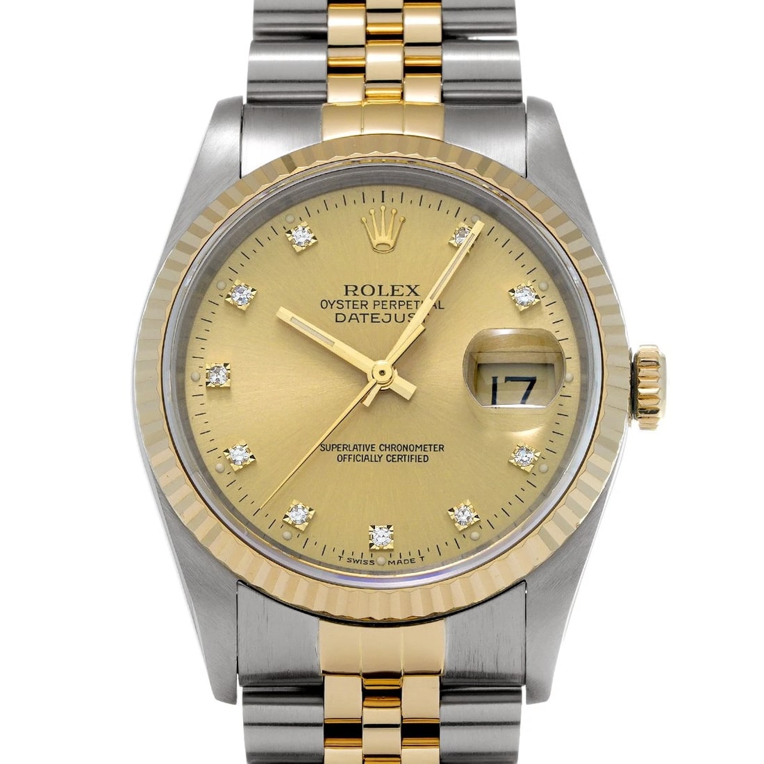 ROLEX DATEJUST 36 CHAMPAGNE/DIAMOND WATCH: ROLEX Datejust 36 Champagne/diamond Watch Brand: ROLEX Type/Style: Wristwatch Material: Band Material Stainless steel/Yellow Gold, Case Material Stainless steel Color: Dial Color Champagne Size: Case