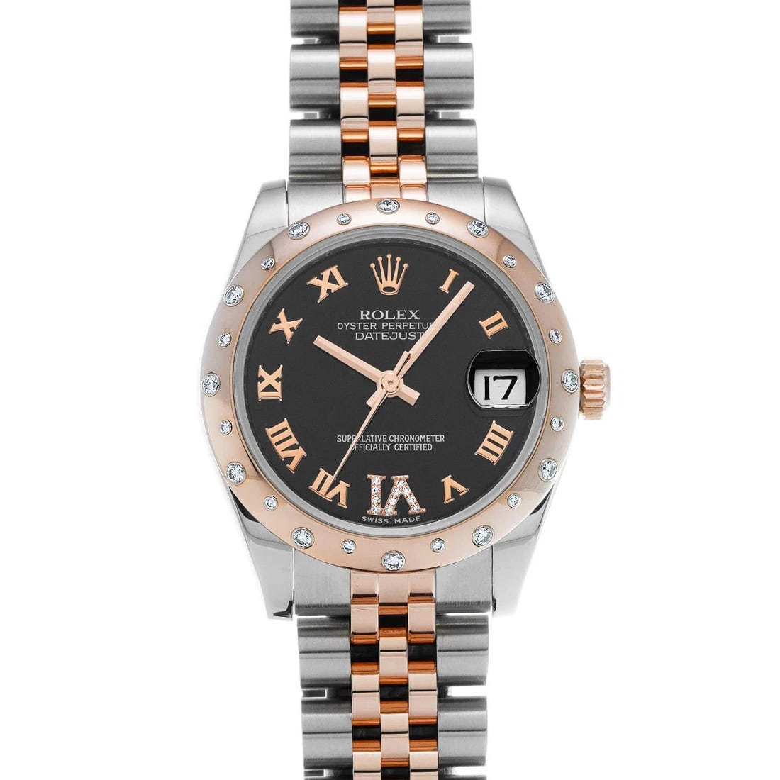 ROLEX DATEJUST 31 BLACK/DIAMOND WATCH: ROLEX Datejust 31 black/diamond Watch Brand: ROLEX Type/Style: Wristwatch Material: Band Material Stainless steel/Everrose gold, Case Material Stainless steel Color: Dial Color black Size: Case Size