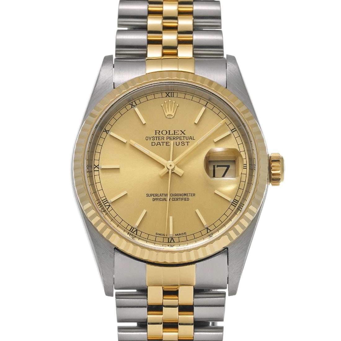 ROLEX DATEJUST 36 CHAMPAGNE WATCH: ROLEX Datejust 36 Champagne Watch Brand: ROLEX Type/Style: Wristwatch Material: Band Material Stainless steel/Yellow Gold, Case Material Stainless steel Color: Dial Color Champagne Size: Case Size