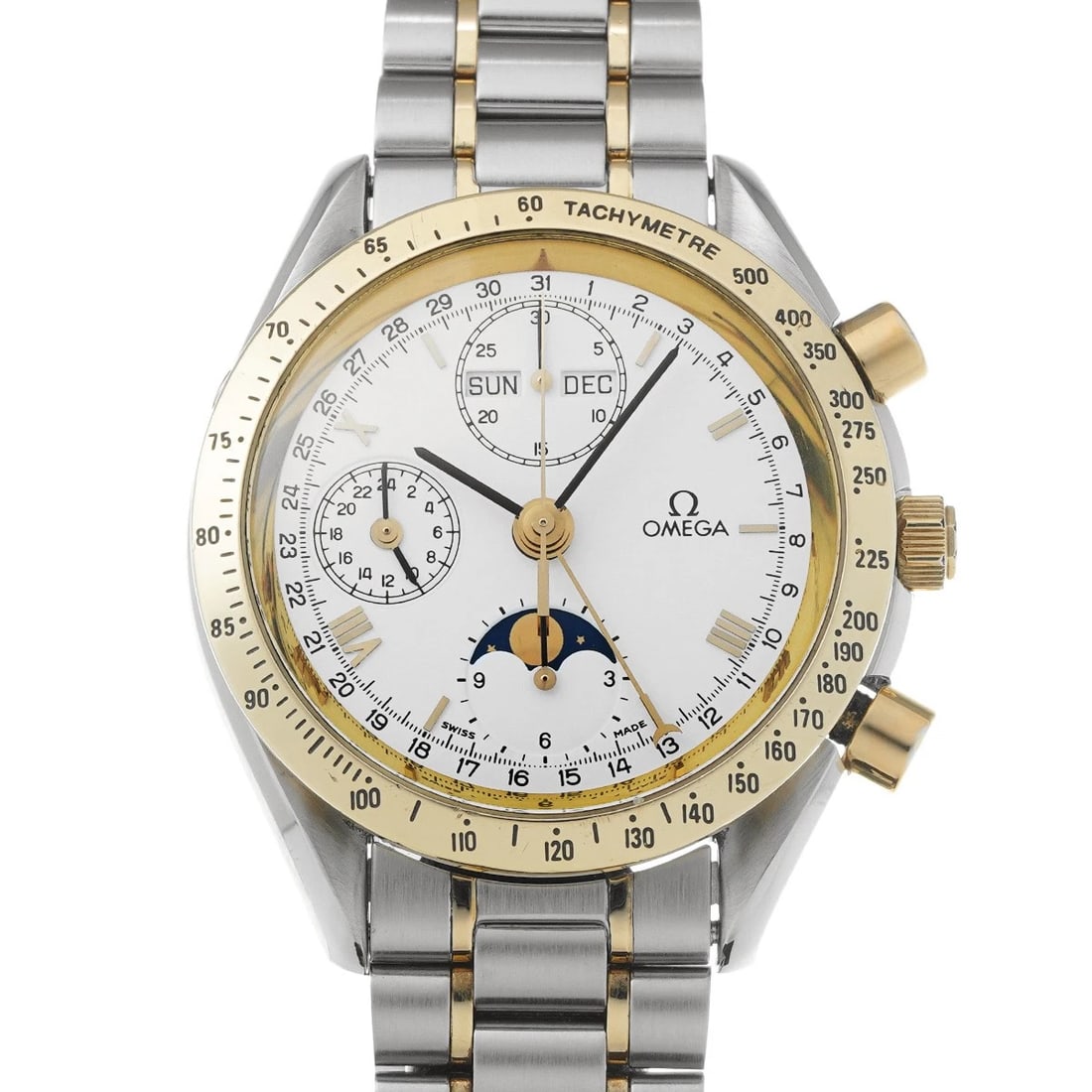 OMEGA SPEEDMASTER TRIPLE CALENDAR MOON PHASE WHITE WATCH: OMEGA Speedmaster Triple Calendar Moon Phase white Watch Brand: OMEGA Type/Style: Wristwatch Material: Band Material Stainless steel/Yellow Gold, Case Material Stainless steel Color: Dial Color white