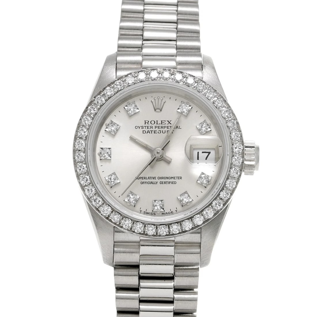 ROLEX DATEJUST 26 SILVER/DIAMOND WATCH: ROLEX Datejust 26 Silver/diamond Watch Brand: ROLEX Type/Style: Wristwatch Material: Band Material Platinum, Case Material Platinum Color: Dial Color Silver Size: Case Size H/about 26mm W/about 26mm