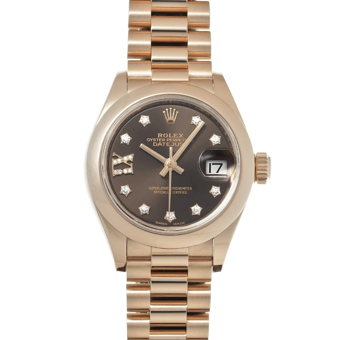 ROLEX DATEJUST CHOCOLATE BROWN/DIAMOND WATCH: ROLEX Datejust Chocolate brown/diamond Watch Brand: ROLEX Type/Style: Wristwatch Material: Band Material Everrose gold, Case Material Everrose gold Color: Dial Color Chocolate brown Size: Case Size