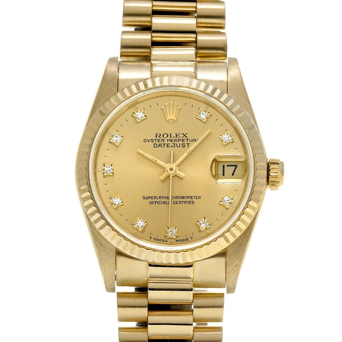 ROLEX DATEJUST CHAMPAGNE/DIAMOND WATCH: ROLEX Datejust Champagne/diamond Watch Brand: ROLEX Type/Style: Wristwatch Material: Band Material Yellow Gold, Case Material Yellow Gold Color: Dial Color Champagne Size: Case Size H/about 31mm